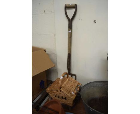 Garden fork, small wicker Fortnam &amp; Mason picnic basket and a cast iron fire grate