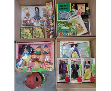 Vintage Snow White and the Seven Dwarfs group including: Bikin boxed dolls, Bully Snow White house, Polly James and the Mike 