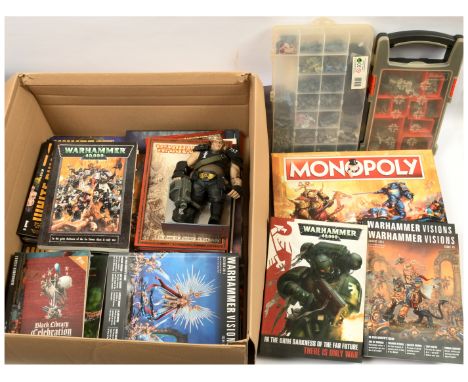 Quantity of Games Workshop Warhammer publications, including White Dwarf, Visions, Monopoly Board game (unchecked for complet