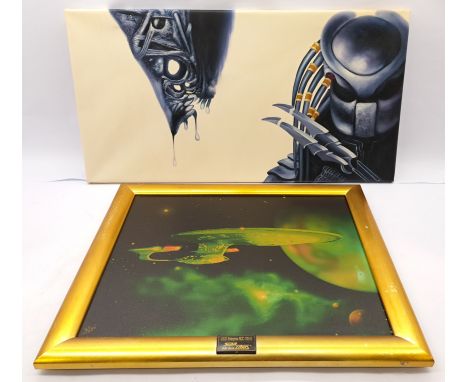 Sci-Fi Art pair including: Alien/Predator hand painted canvas stretched over wooden frame 31" x 16", Paramount Pictures Star 