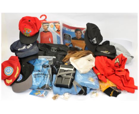 Assortment of Star Trek wearable caps. badges, costumes (appears mostly used). Star Trek Into Darkness promotional sports bag
