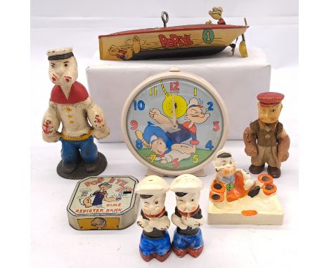 Popeye vintage collectibles group Including: Schylling Collector Series 1996 Popeye Wind-Up Tin Metal Speedboat Boat, Smiths 