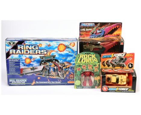 Assortment of vintage 1980s toys, inc, Masters of the Universe Land Shark, Bandai Rock Lords Brimstone, Rough Riders Switch F