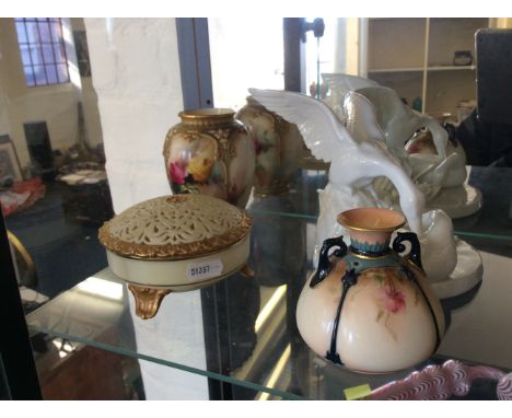 Various Royal Worcester ware including two vases, a pot with pierced lid and a two duck figurine group, all A/F.