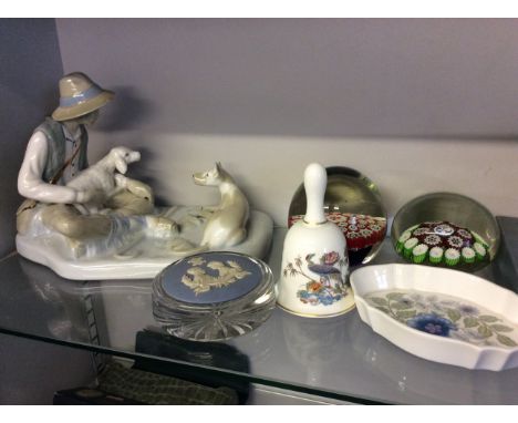 A lot to include two paperweights, a ceramic figure of boy with dog and a variety of Wedgewood.