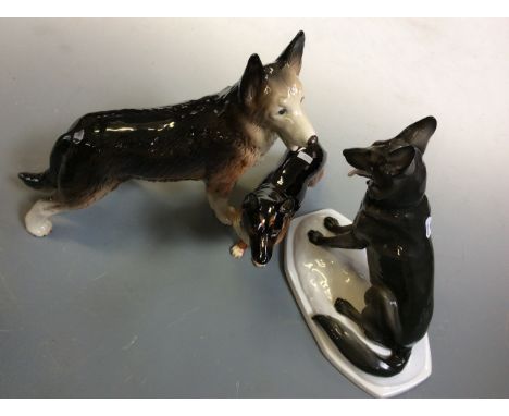 Three figures of German Shepherds, one by Gobel, one by PG (5566), and one by Melba Ware.