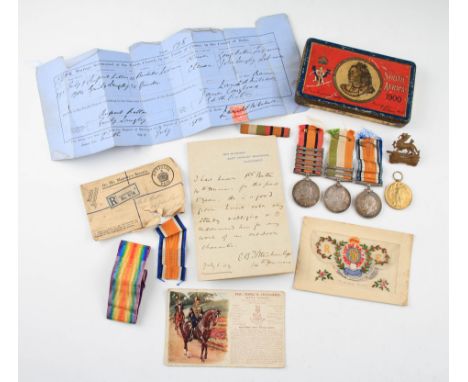 A Boer war and WW1 medal group to 3648 Pte R Batten 14th Hussars comprising of Queen South Africa medal with five bars; Belfa