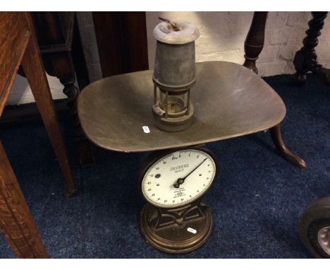 Lot to include a Salter scale and a miner's lamp.