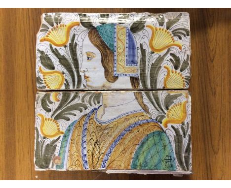 A Dutch style two piece wall tile with female profile with signature.
