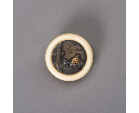 Ɏ AN IVORY AND MIXED METAL KAGAMIBUTA NETSUKE DEPICTING TWO FIGURES ON A BOATJapan, 19th century, Edo period (1615-1868)Of ci