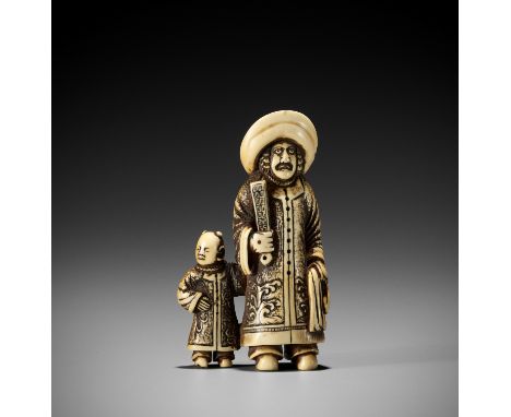 Ɏ A RARE IVORY NETSUKE OF A DUTCHMAN WITH KARAKOJapan, 18th century, Edo period (1615-1868)The Dutchman and boy standing side