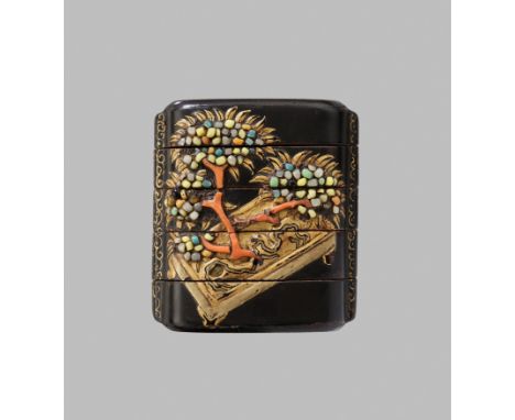 Ɏ AN UNUSUAL INLAID BLACK AND GOLD LACQUER FOUR-CASE INRO DEPICTING BONSAI TREESUnsignedJapan, 17th-18th century, Edo period 