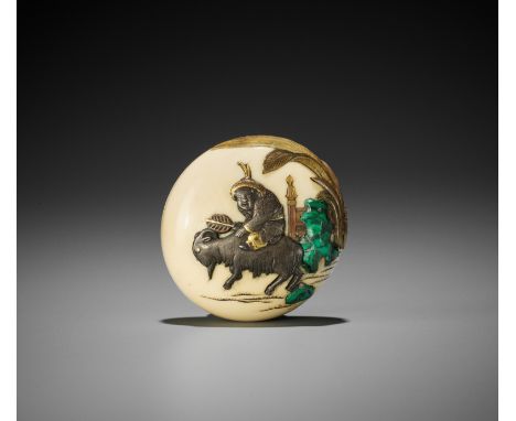 Ɏ A SUPERBLY INLAID IVORY MANJU NETSUKE DEPICTING A BOY AND GOATInscribed Shibayama 芝山Japan, Tokyo, late 19th century, Meiji 