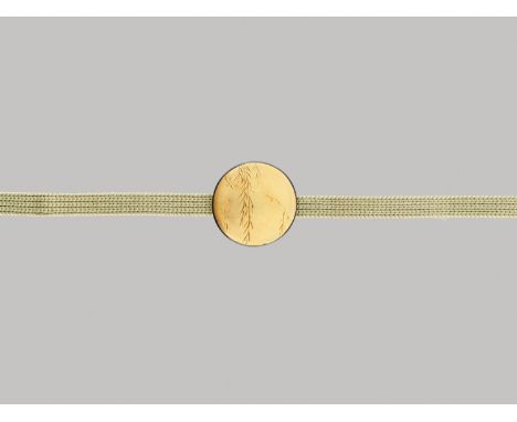 MITSUNAGA: A RARE GOLD-INLAID OBIDOME (SASH CLIP) WITH WILLOW AND BATSBy Toyokawa Mitsunaga II (1851-1923), signed Mitsunaga 