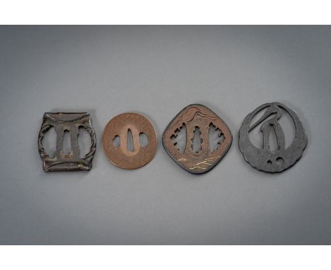 A GROUP OF FOUR IRON AND COPPER TSUBAJapan, Edo period (1615-1868) or earlier  The first a Horai iron tsuba formed as a crane