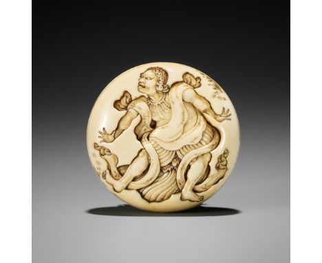 Ɏ KOSAI MORITOSHI: A SUPERB IVORY MANJU NETSUKE DEPICTING THE TALE OF PRINCE HANZOKU AND THE NINE-TAILED FOXBy Kosai Moritosh