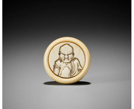 Ɏ HOJITSU: A FINE IVORY KAGAMIBUTA NETSUKE WITH A RAKANBy Meikeisai Hojitsu, signed Hojitsu 法實 with kakihanJapan, Edo (Tokyo)