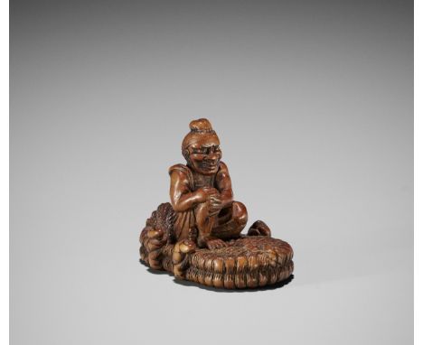MIWA: A GOOD WOOD NETSUKE OF A NIO ON GIANT SANDALBy a member of the Miwa school, signed Miwa and kakihanJapan, Edo (Tokyo), 