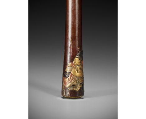 A LACQUERED WOOD SASHI NETSUKE OF TAIRA NO TADANORI UNDERNEATH A CHERRY TREEUnsignedJapan, 19th century, Edo period (1615-186