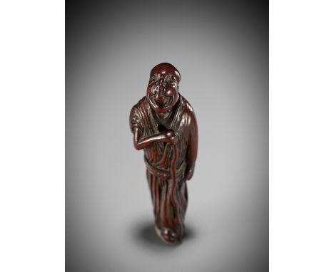 MINKOKU I: A SUPERB WOOD NETSUKE OF AN OLD MAN WITH CANEBy Genryosai Minkoku I, signed Minkoku 珉谷Japan, Edo (Tokyo), late 18t