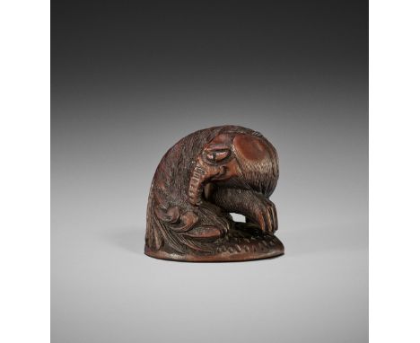 A RARE WOOD NETSUKE OF A BAKUJapan, 19th centuryThe mythical creature with neatly detailed shaggy fur, facing backwards, one 