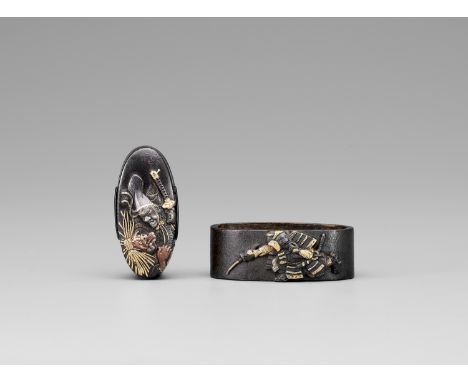 A FINE FUCHI AND KASHIRA WITH TAIRA NO TADAMORI CAPTURING THE OIL THIEFJapan, 19th century, Edo period (1615-1868)Each of sha