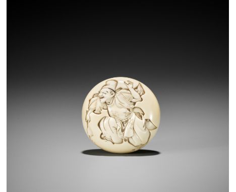 Ɏ RYUMIN: A FINE IVORY MANJU NETSUKE OF A SAMBASO DANCERBy Ryumin, signed Ryumin with kakihan Japan, Edo (Tokyo), c. 1860, Ed