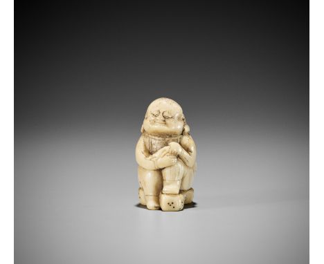 A RARE STAG ANTLER NETSUKE OF AN ISLANDERJapan, 18th century, Edo period (1615-1868)Carved as an islander sitting on a rocky 