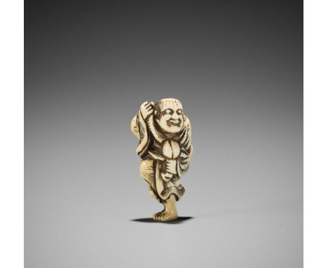 Ɏ A SMALL IVORY NETSUKE OF TOBOSAKU SENNINJapan, Kyoto, early 19th century, Edo period (1615-1868)The peach sennin standing o