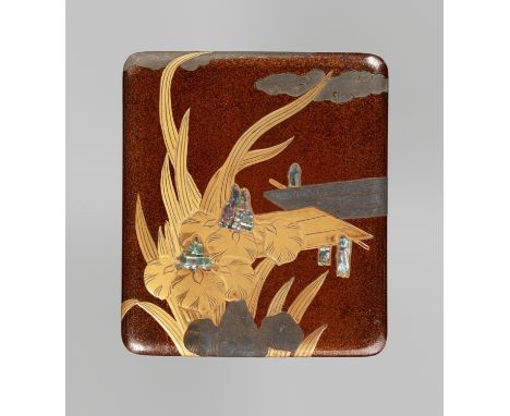 A FINE RINPA STYLE LACQUER SUZURIBAKO DEPICTING IRISESJapan, 18th century, Edo period (1615-1868)Of rectangular form with rou