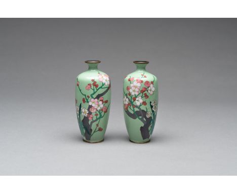 A PAIR OF CLOISONNÃ‰ ENAMEL VASESJapan, Meiji period (1868-1912)Each vase baluster-shaped and decorated with silver wire and 