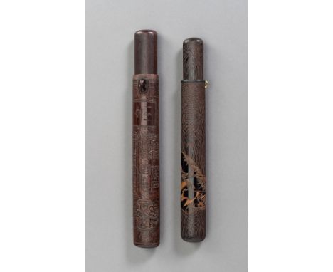 TWO FINE WOOD KISERUZUTSUJapan, 19th centuryBoth of muso-zutsu type, the first with engraved and lacquered decoration of fans