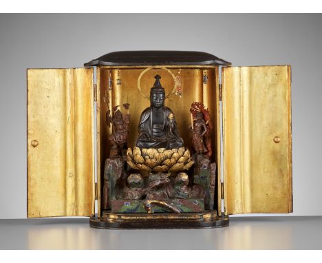 Ɏ A LARGE BLACK AND GOLD LACQUERED SHRINE (ZUSHI) WITH KANNON, BISHAMONTEN AND FUDO MYO-OJapan, 18th-19th century, Edo period