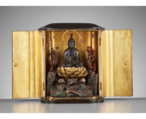 Ɏ A LARGE BLACK AND GOLD LACQUERED SHRINE (ZUSHI) WITH KANNON, BISHAMONTEN AND FUDO MYO-OJapan, 18th-19th century, Edo period