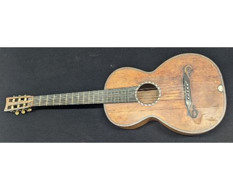 A 19th century guitar, possibly a Rene Lacote, inlaid with mother of pearl, with contemporary hard case