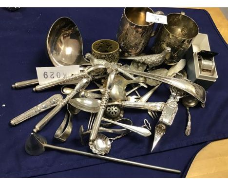 A mixed lot of silver plate including two Christening mugs (h.9cm), nutcracks, jam spoons, candle snuffer, napkin ring, silve