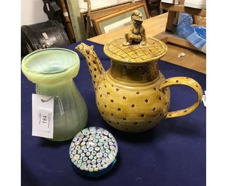 A vaseline glass bulb vase (h.14cm), together with a millefiore style paperweight, signed Edinburgh to base, and a yellow gla