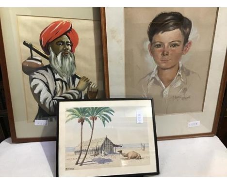 A group of three framed works, Portrait of a Young Boy, signed Betty Haye (41cm x 31cm), Romagnoli, Saudi Arabia (21cm x 29cm