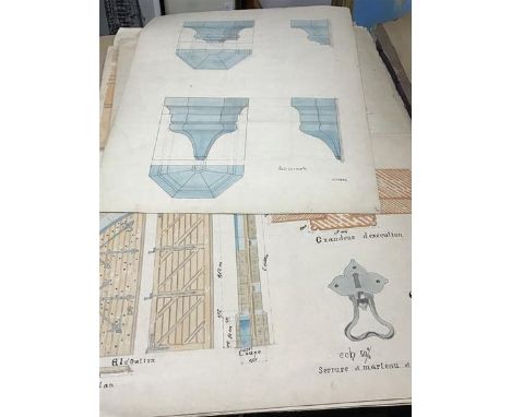 F Berens, a folio of hand coloured architectural drawings, early 20thc. French/Belgian, including interior and exterior drawi