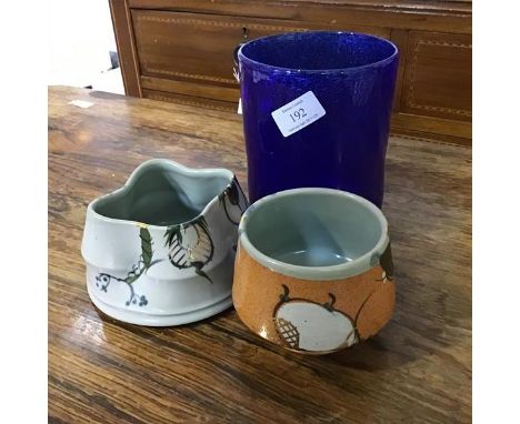 A group of Studio Pottery including a crimped stoneware bowl, signed McColl, 14, together with another lustre bowl, signed A.