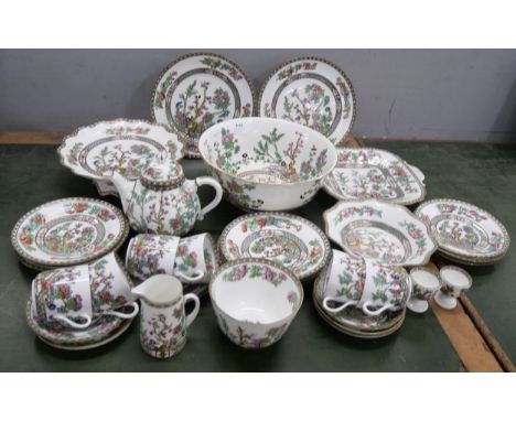 A collection of Coalport Indian Tree pattern porcelain, including teapot, cake stand, fruit bowl, plates, side plates, cups a