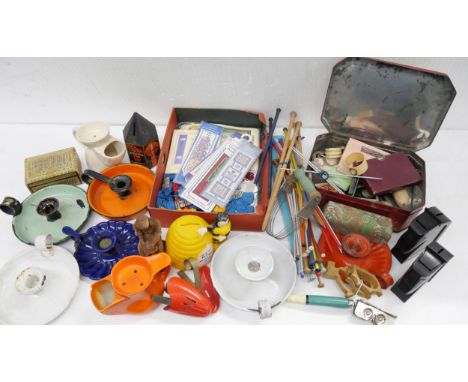 Two boxes of assorted items including tin-plate chamber sticks, books, knitting needles, kitchen items, an Acme washboard, mo