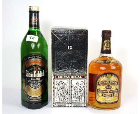 A 1.14 litre bottle of twelve year old Chivas Regal Scotch whiskey and a 1 litre bottle of Glenfiddich whiskey.