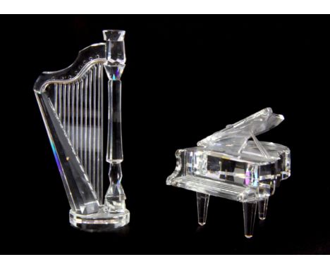 A Swarovski crystal piano and harp, harp H. 11cm.