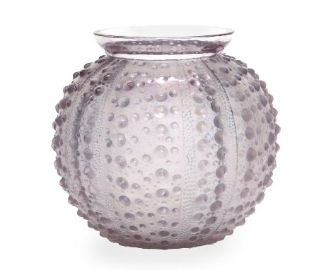 René Lalique (French, 1860-1945): A Blue Stained, Frosted and Amethyst Hue Glass Oursin Vase, model 10-888, designed 1935, mo