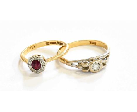 A Diamond Solitaire Ring, stamped '18CT', finger size L1/2; and A Ruby and Diamond Cluster Ring, stamped '18CT', finger size 
