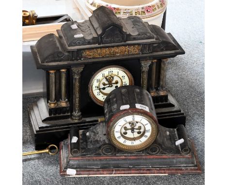 A Victorian Black Slate Mantel Clock of architectural form, 39cm high together with another (2)One clock with the base missin