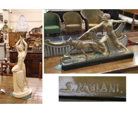 S.Melani, an art deco model of a lady and hound, 70cm long; together with an art deco figural table lamp (2)