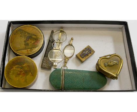 19th Century Green Shagreen Spectacle Case with hinged cover (a.f.), enclosing a pair of silver spectacles, another similar p