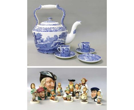 A Large Blue and White Spode Tea Pot, Spode coffee cans and saucers, Royal Doulton character jugs and west German Goebel figu